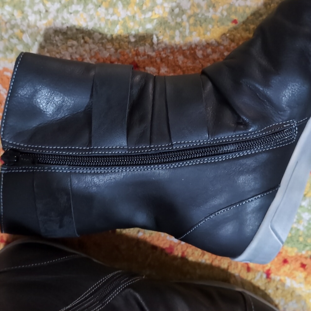 Cloud Black Leather Mid-Calf Ankle Boot with Strap Accents - Picture 5 of 7